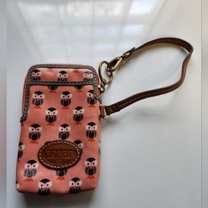 Fossil Pink owl Wristlet Wallet Phone And Card Holder